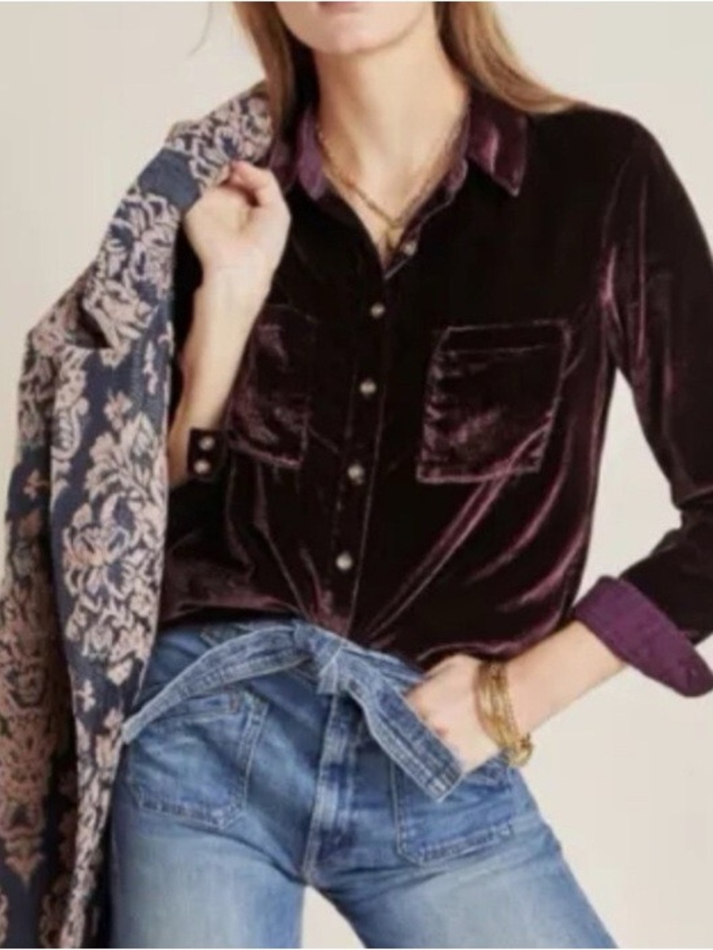 Maeve Anthropologie Katrina velvet plum button up top size 14